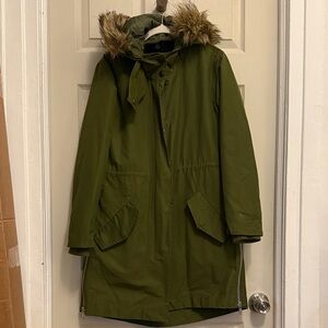 Madewell Olive Green Parka with Faux Fur Hood